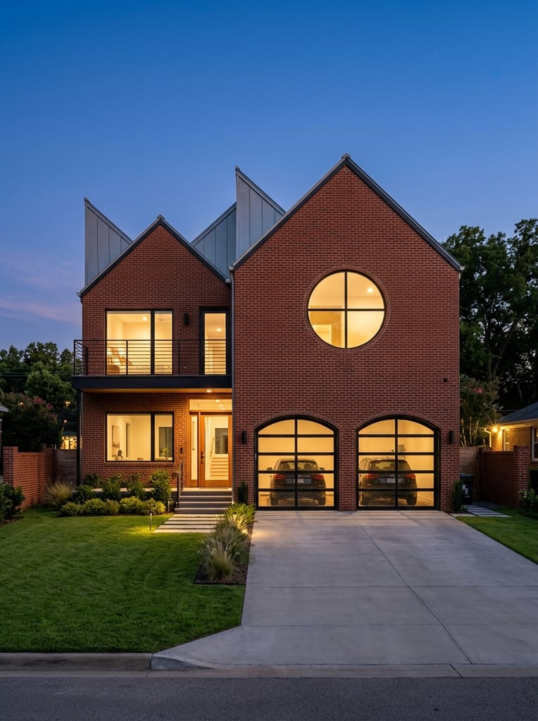 Modern two-story red brick house exterior, asymmetrical saw-tooth roofline, large circular upper window, arched glass garage doors, black metal balcony railings, warm glowing interior lights, concrete driveway, manicured green lawn, clear blue twilight sky, straight-on architectural photography