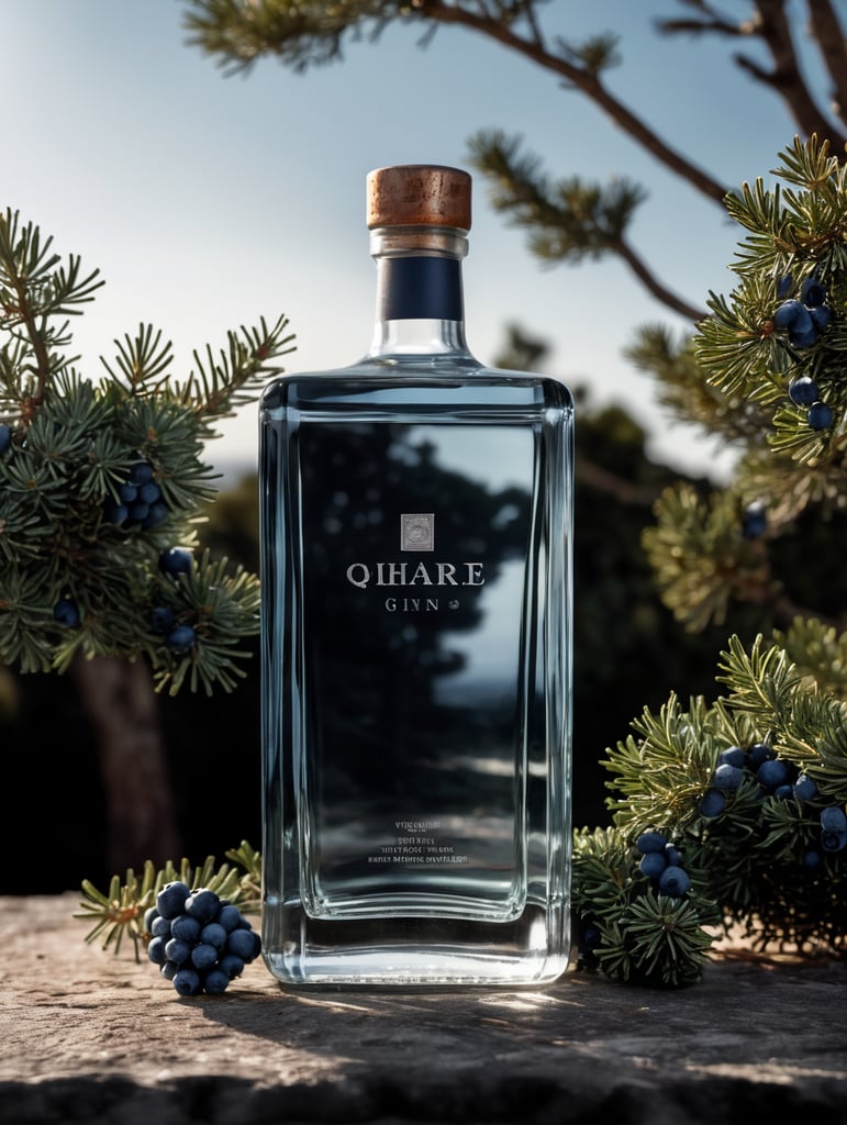 professional photography of a square gin bottle, square bottle, surrounding a juniper and juniper berries, one shot of gin in a front, no label, clear, mockup