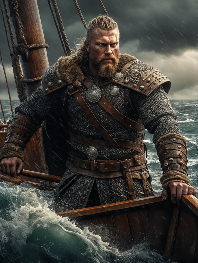 A portrait of viking warrior at the boat in the ocean, stormy weather