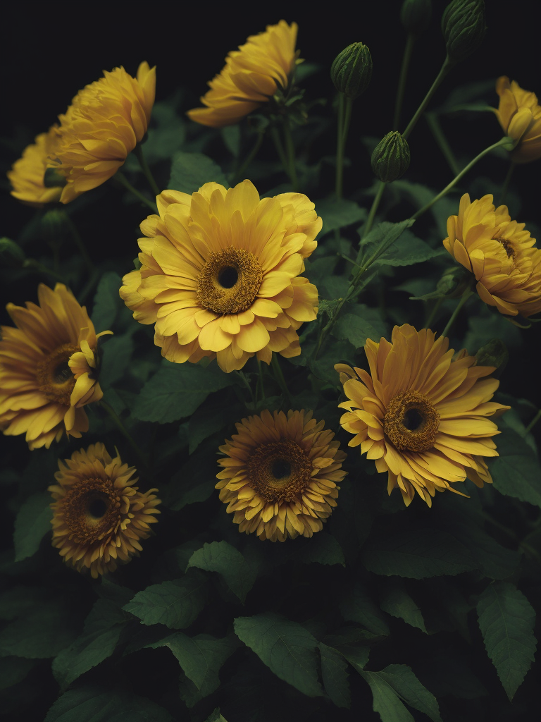 yellow flowers, dark atmosphere, deep colors, clear details