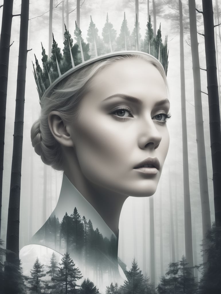 Nordic queen filled with a forest , double exposure, crisp lines, monochrome background