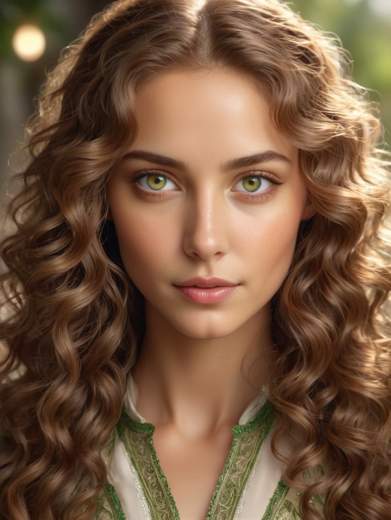 ((masterpiece)) 1girl, green eyes, light soft skin, curly long brown hair, portrait, (extremely intricate:1.3), (photorealistic:1.5) (Optimal lighting) (Extremely complex and detailed) , 4k unity, (Super detailed CG: 1.2) , (8k: 1.2)