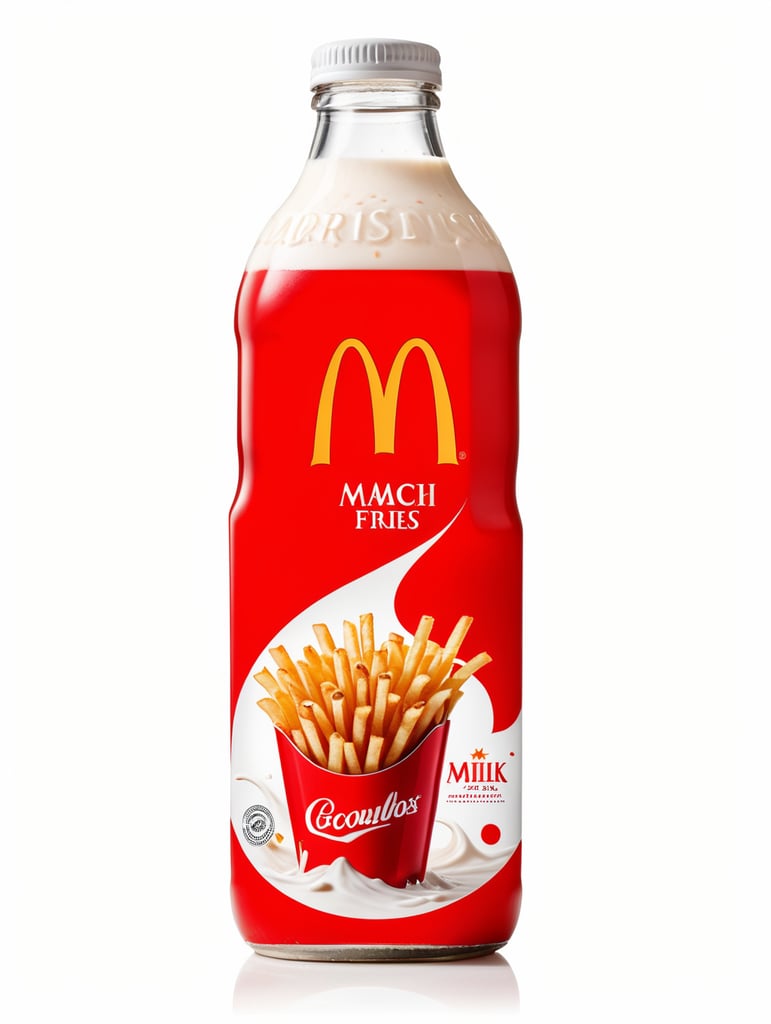 An advertisement shot of a Bottle in front of a white background. The label of the bottle shows a red "m" and french fries that are blending into a swirl of milk. A delicious beverage drink advertisement style