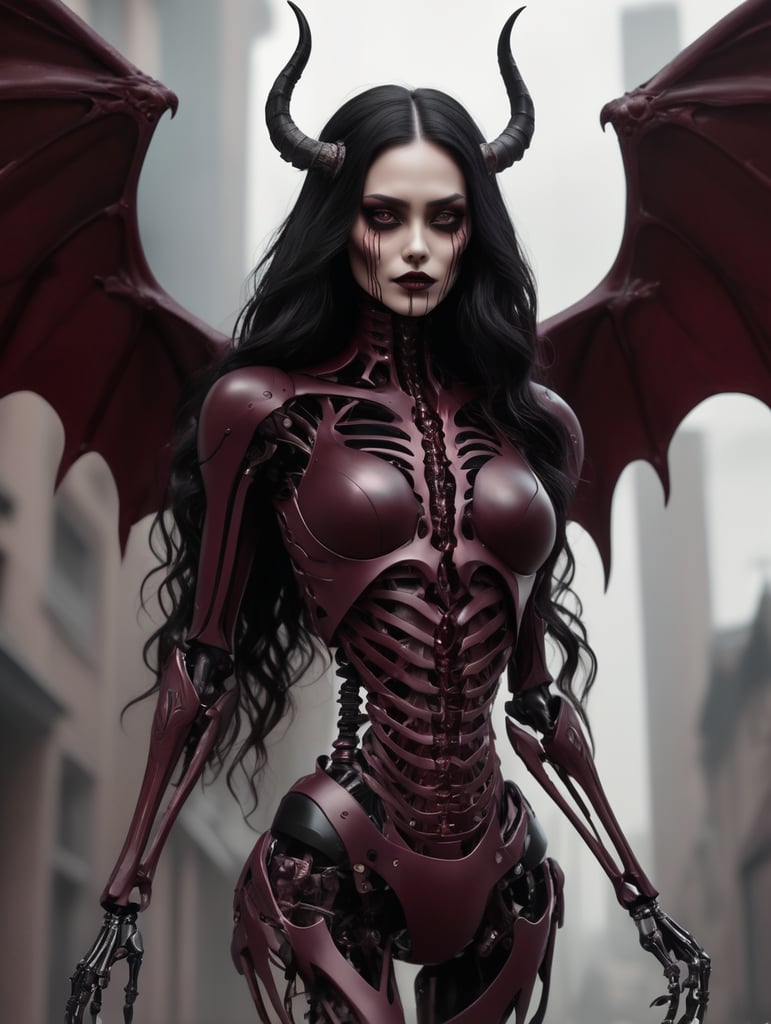 tall, scary, maroon entity, female, long floating black hair w soft waves, maroon flesh, no skin, maroon curved horns, black wings, scrawny, skeletal, maroon skeleton face, no eyes, black hollow eyes, broad chest, broad shoulders, narrow waist