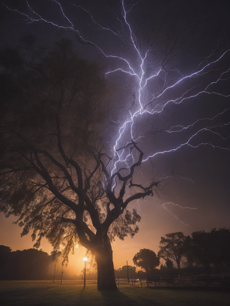 lightning strikes a tree, the tree catches fire