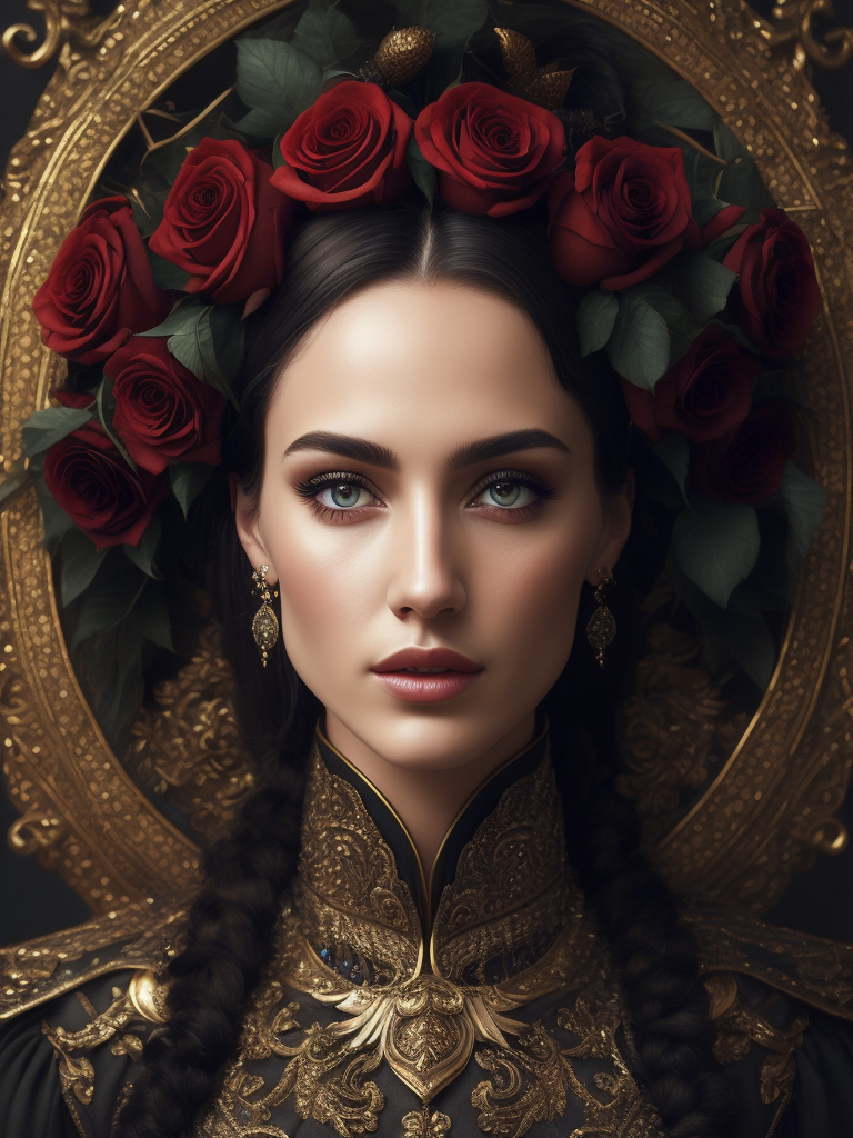 Portrait of a Beautiful women from Russian fairytale wearing traditional costume everything around black roses, deep atmosphere