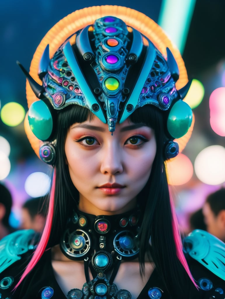 Photorealistic 3d portrait alien mech angels in goth folk festival raver outfit in dmt colorado rave city night 35mm film, akira anime.