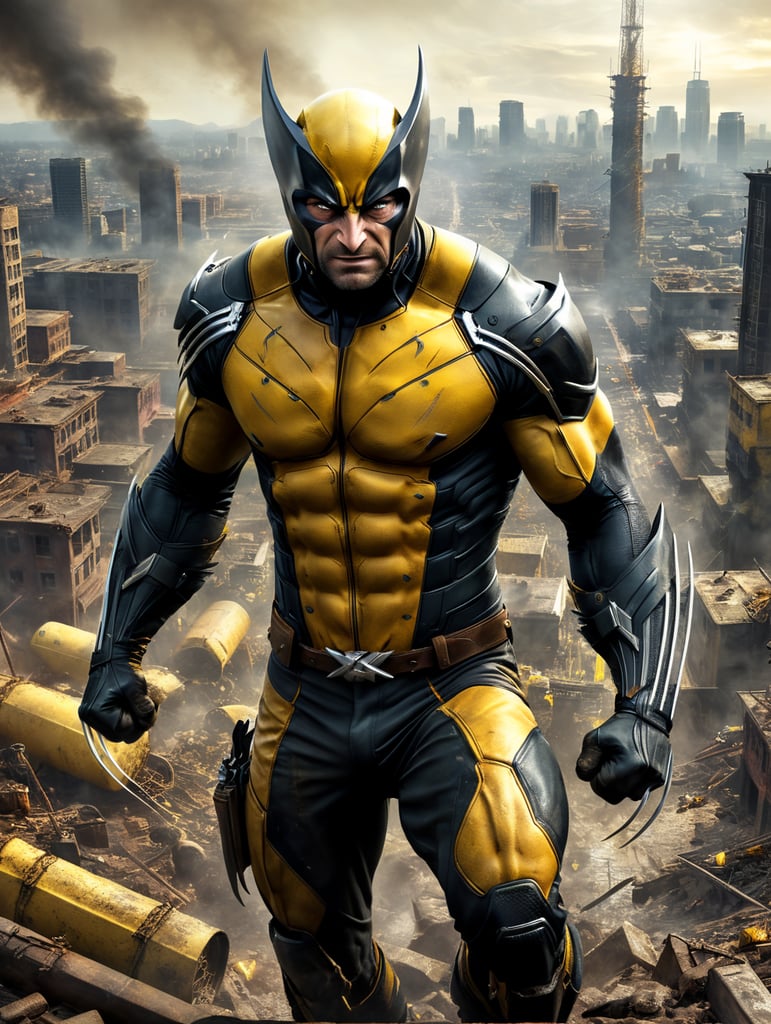 Jeremy Allen White as Wolverine from the Xmen in the Yellow and black costume, claws extended, coming out of a post apocalyptic, smokey, urban cityscape.