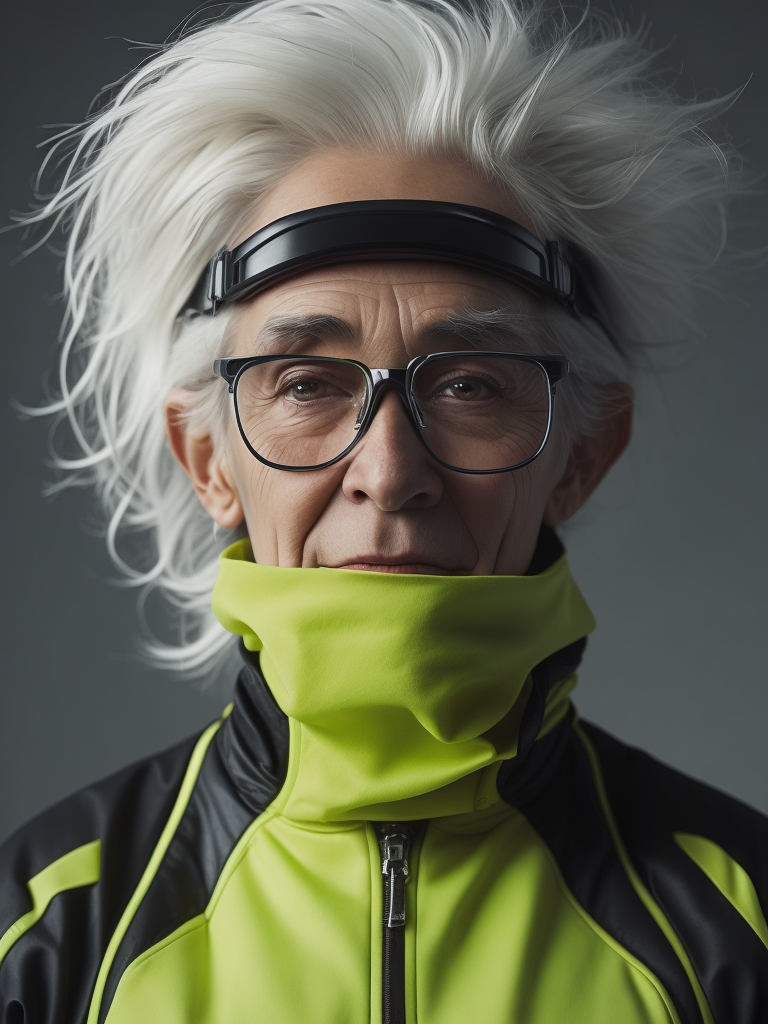 a gnome from fairytale supermodel 76 years old wearing a neon green helmet dressed in athletic clothing and glasses, in the style of futuristic glam, retro futurism, neon green clothing, glasses without color, clear glass, long white hair, teal background, mike campau, anton fadeev, high gloss, mono-ha