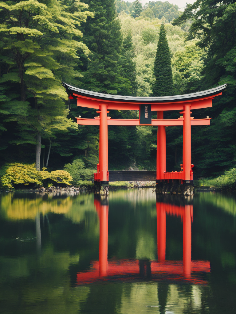 Red torii gate in middle of a lake, Dense forest on the edge of the lake, Bright and saturated colors, Japanese culture, photorealistic, contrast light