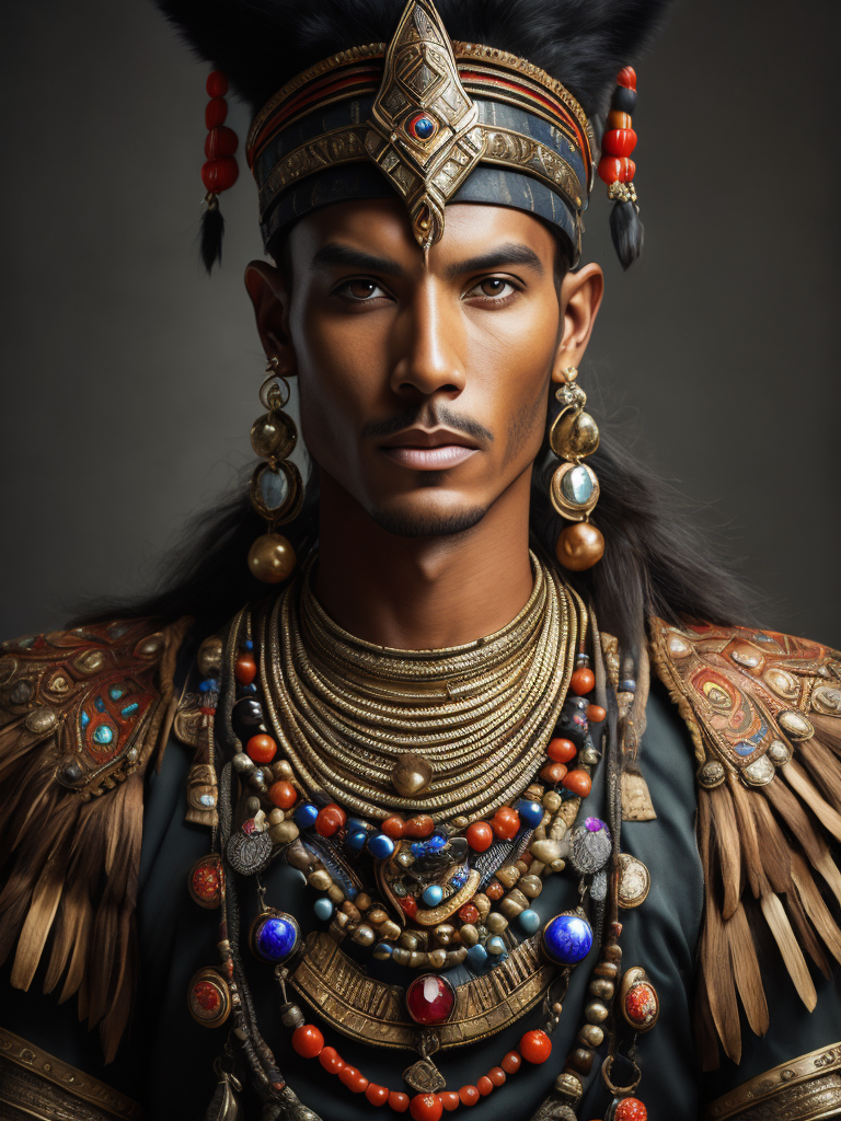 portrait of an Aztec warrior in folk costume and jewelry, Depth of field, Incredibly high detail, dark background