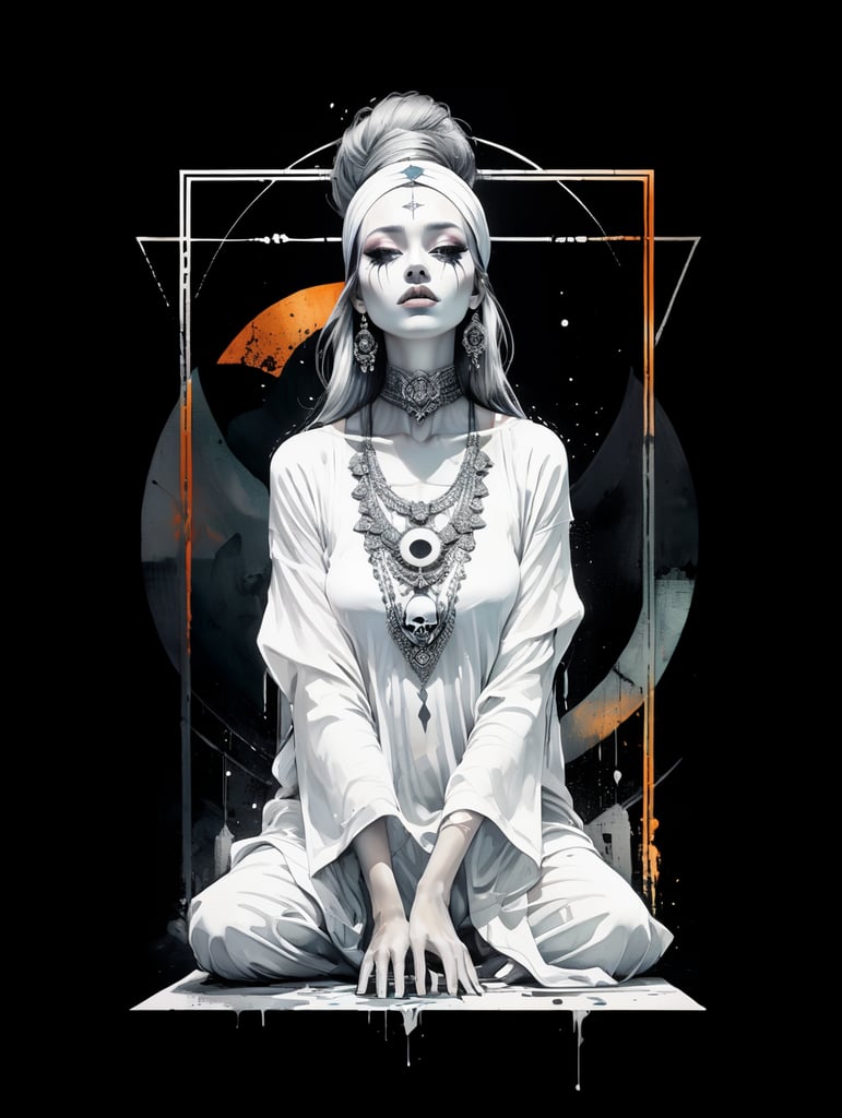 Occult styled artwork in black and white. Text should read "The Infinite Now" in an archaic style. Geometric abstractions help add mysticism. Incorporate skulls and skeletons.