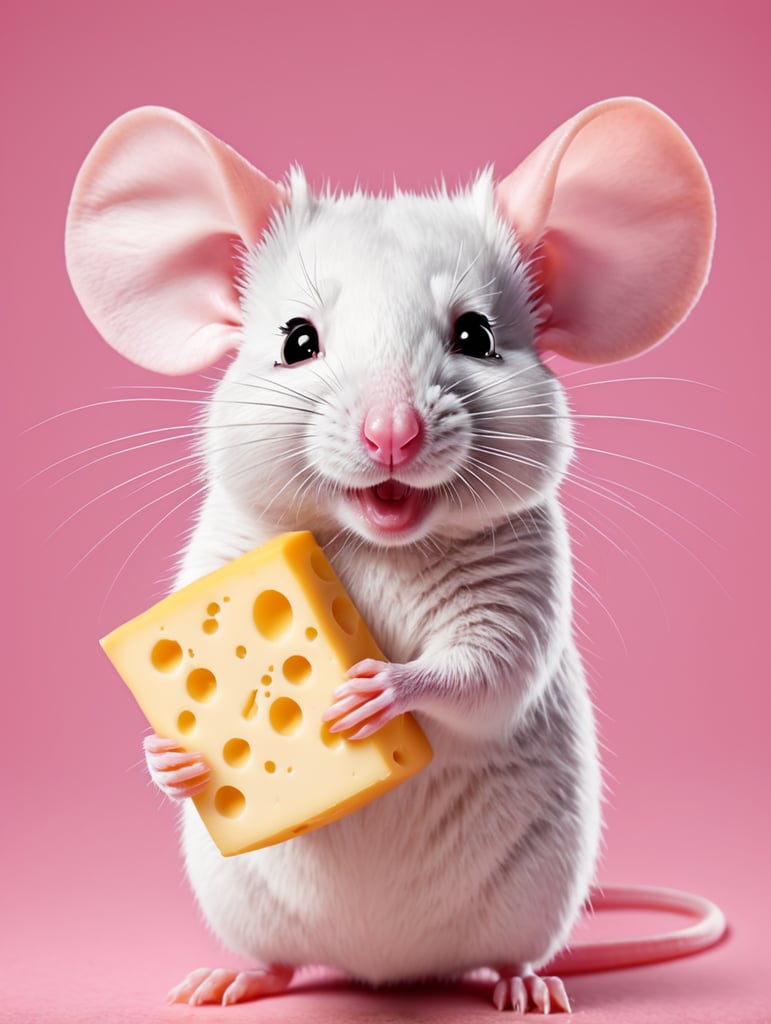 cute pink rat holding a cheese