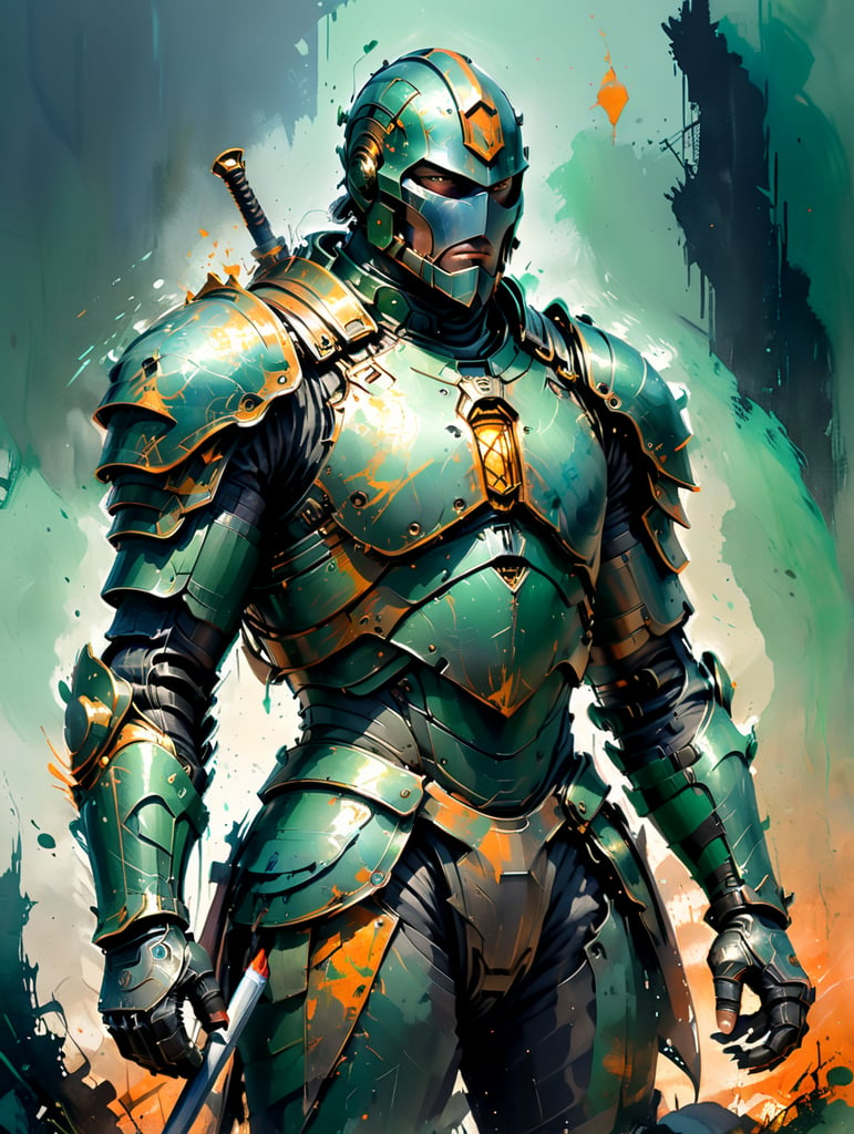 Medieval knight, iron green armor, after the battle, epic photo no helmet