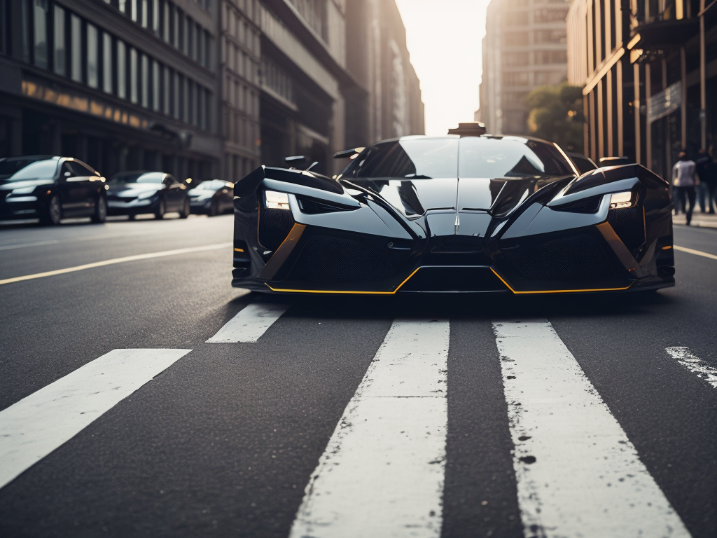 racing super car on a city street crosswalk, sunny day, high details