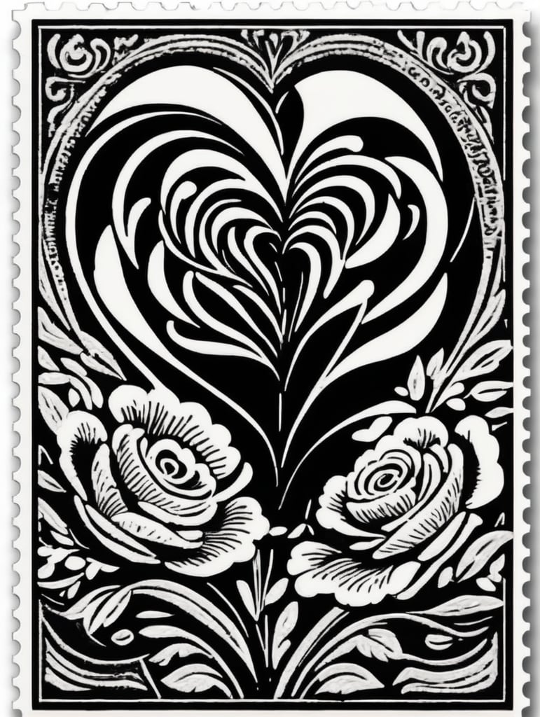 Black and white linocut postage stamp Valentine's Day thick bold dark lines
