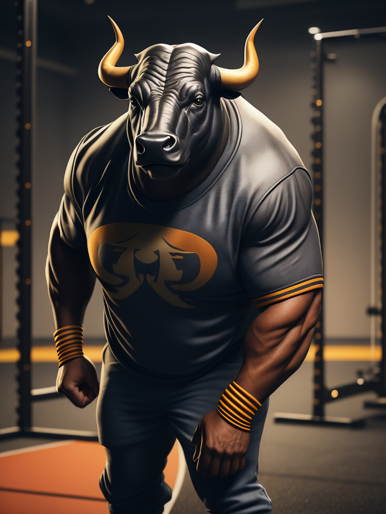 Bull look like a human stylized as a sport coach with whistle and white t-shirt in the gym