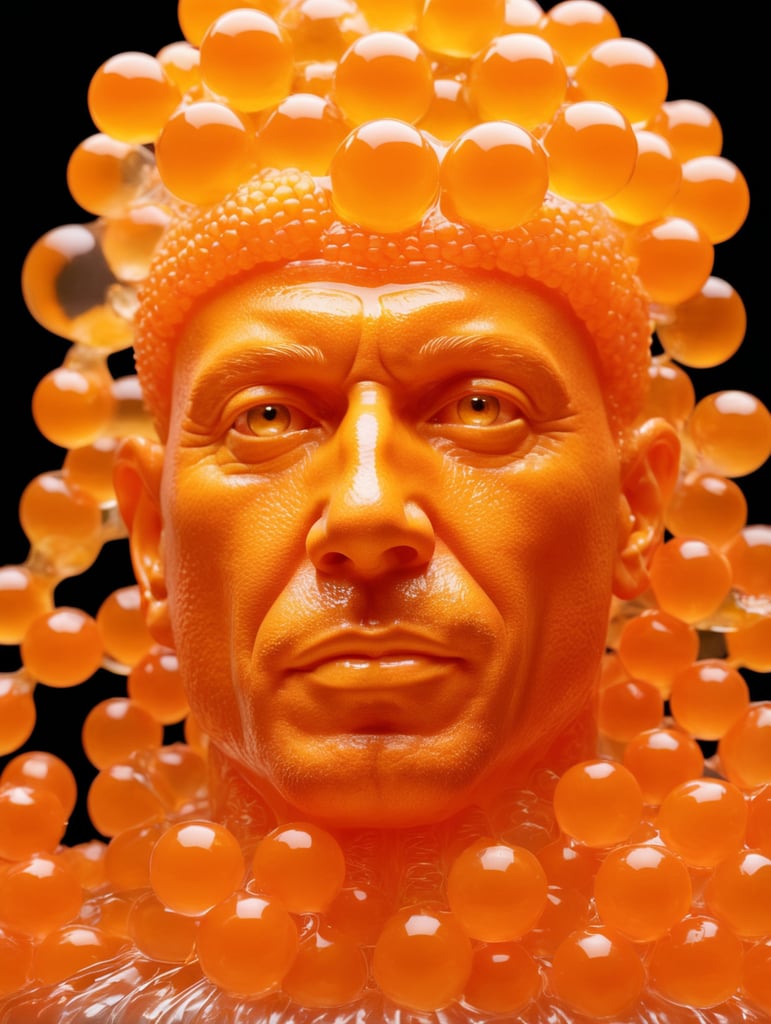 Portrait of a Translucent orange man made from the orange fruit, organs are visible through the jelly, isolated black background