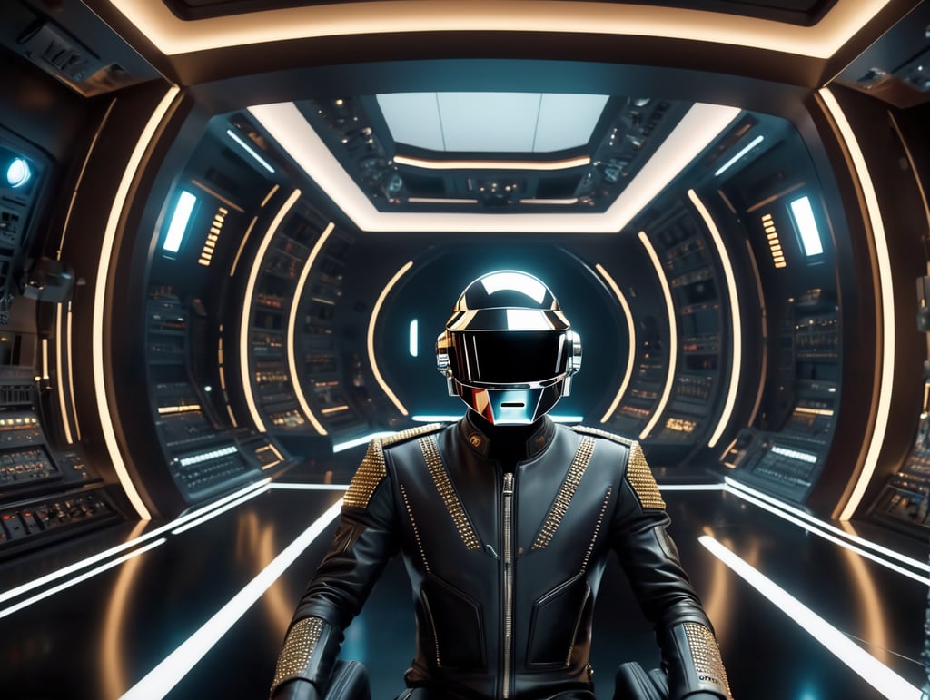 daft punk plays in a spaceship, interior design, cinematography, photography, volumetric, symmetrical, ultra wide angle, depth of field, highly detailed, ultra realistic, 16k