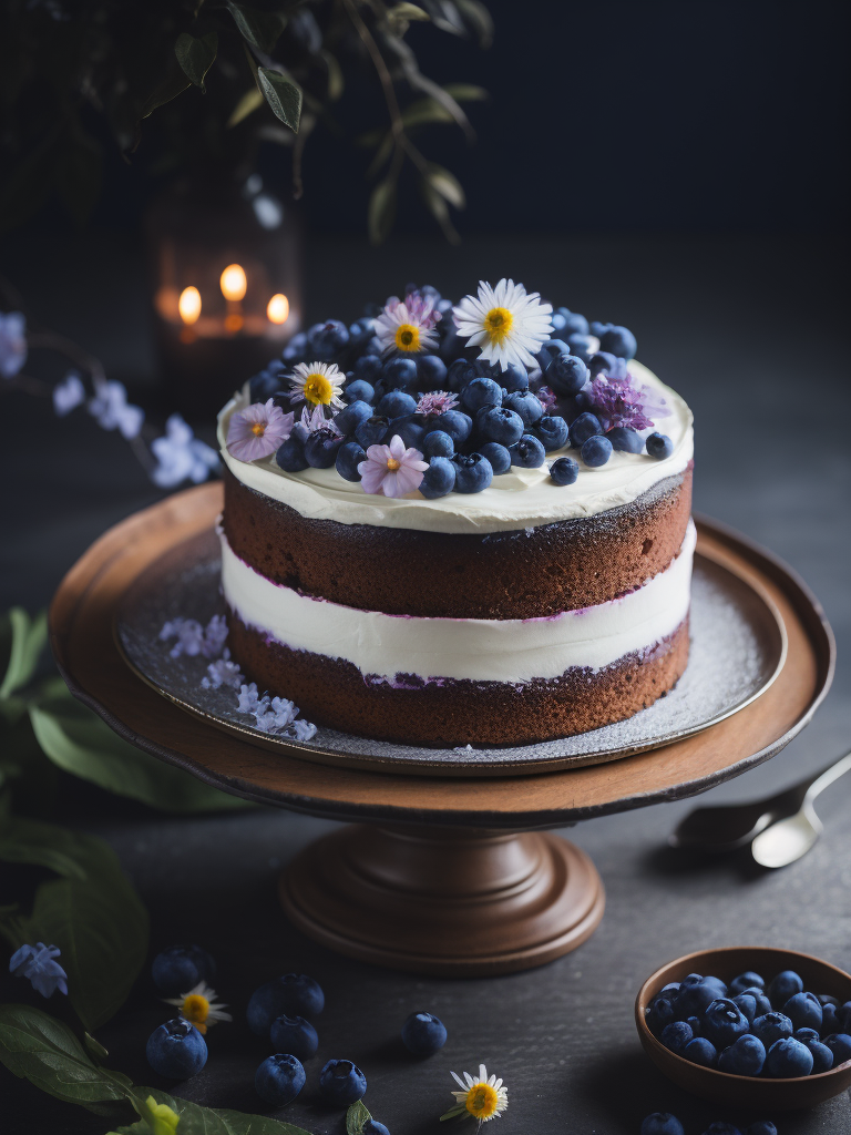 Blueberry cake with flowers, sharp on details, deep atmosphere