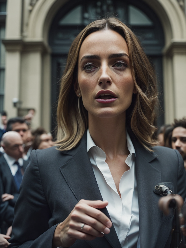 A photorealistic illustration of the Italian prime minister, Giorgia Meloni, making a speech in front of the Italian Parliament. She is speaking about the decision to leave the BRI, and the crowd is cheering in the background.