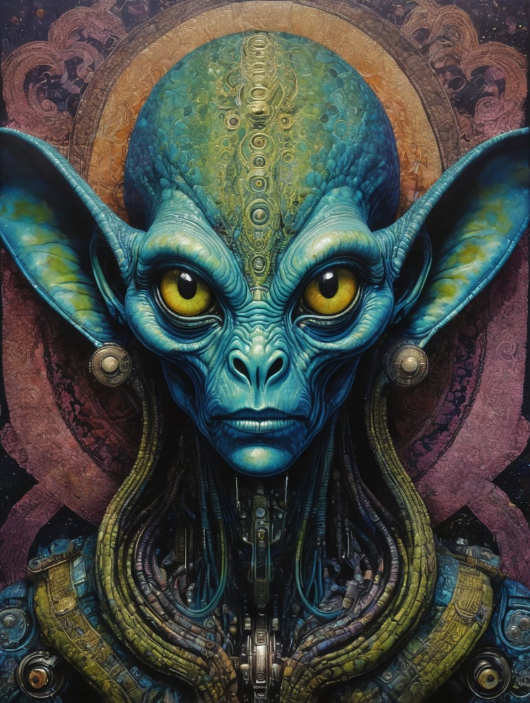 Portrait of an alien, batik, intricate details, surreal, Alien, Cyberpunk Trashcore Style, s 1000