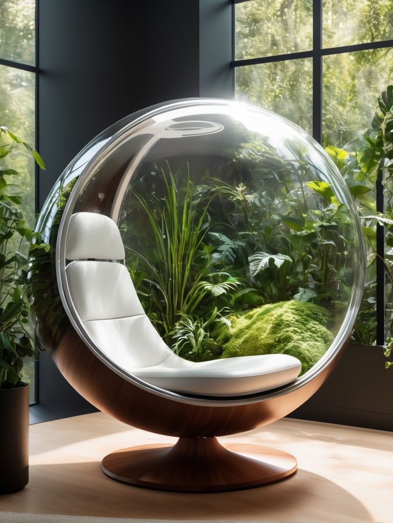 Futuristic sci-fi pod chair, flat design, product-view, exclusive photography, transparent orb, natural lighting, plants around, natural daytime lighting, natural wooden environment