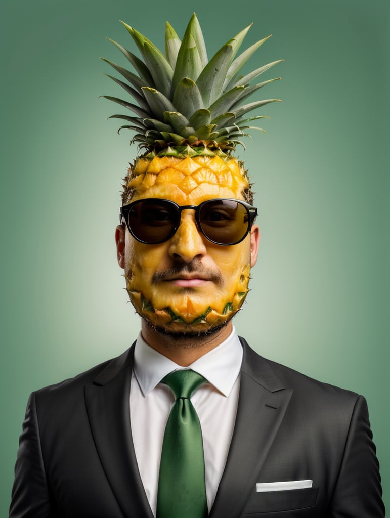 A man in a business suit with a pineapple for a head, green background, sunglasses, isolated