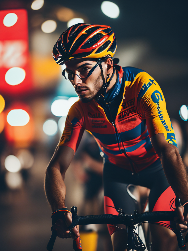 Portrait of a cyclist, bright and saturated colors, highly detailed, fashion magazine, sharp focus, Dramatic Lighting, Depth of field, Incredibly high detailed, blurred background
