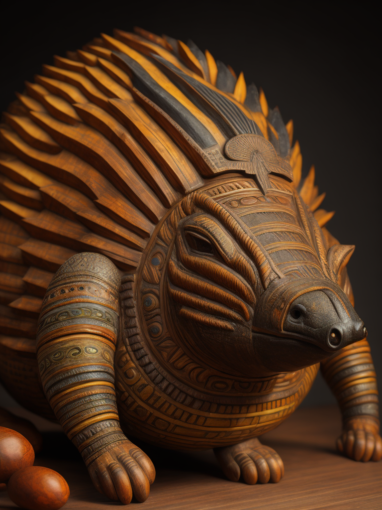 ilustración fullcolor de artesanía precolombina colombiana tallada en madera que parece un armadillo junto con un mar de maracas de madera