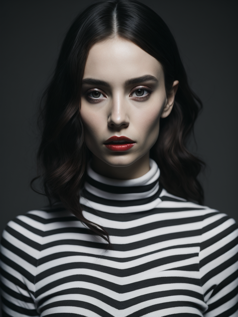 Pale-skinned girl model, wearing a black and white striped dress with a high collar, contrast lighting, Bright red make-up, Black and white curly long hair, dark background, fashion model, magazine cover, professional shot,