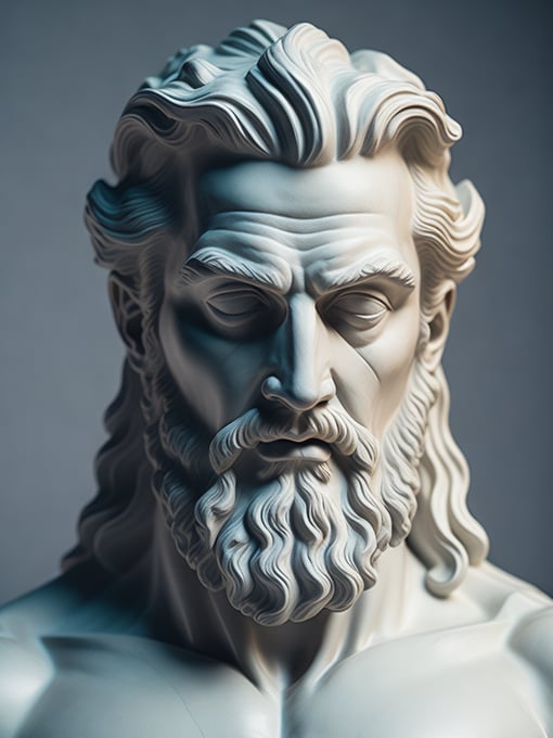 A realistic portrait white greek marble statue of a zeus, neutral background, moody, angry, photorealistic, movie scene, super detailed, hyperrealistic