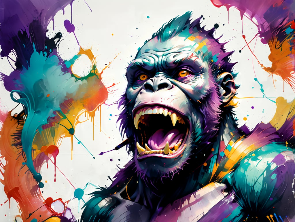 A wide shot of a purple gorilla with lots of other colours shouting