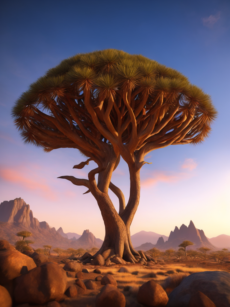 Dragon blood tree, savanna, sunset, Depth of field, Incredibly high detailed, stones, rocks, mountains on the horizon