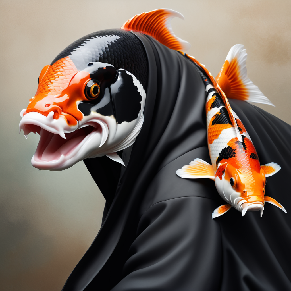 A realistic koi fish wearing a long black coat.