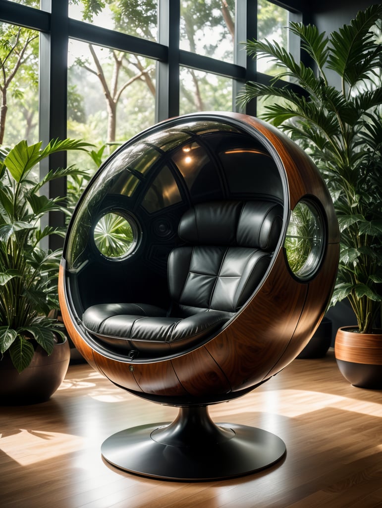 Futuristic sci-fi pod chair, flat design, product-view, exclusive photography, transparent orb, natural lighting, plants around, natural daytime lighting, natural wooden environment