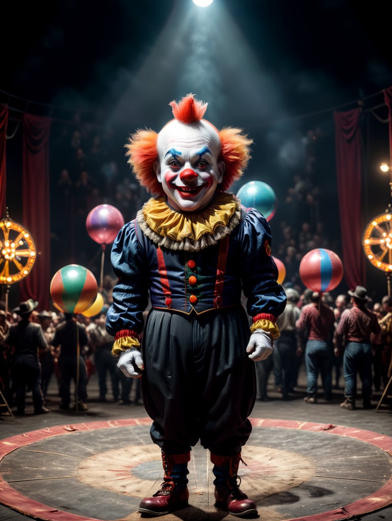 a cute clown in a circus ring, Full body, with cheerful features, not at all scary, juggling small balls