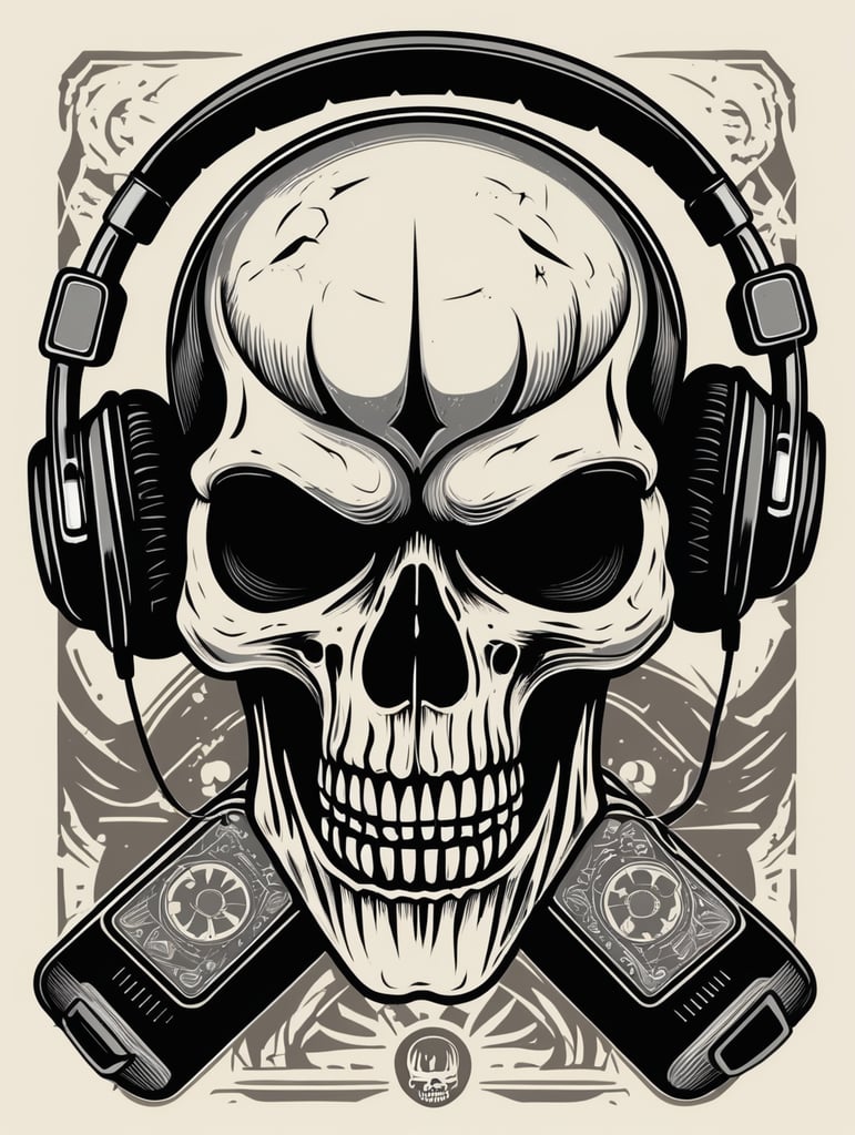 Black and white game over Skull Gaming Logo, linocut, vintage dead head or skull of gamer in headphones, vector image