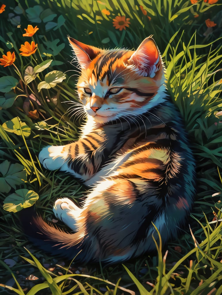 Kitten asleep on the grass