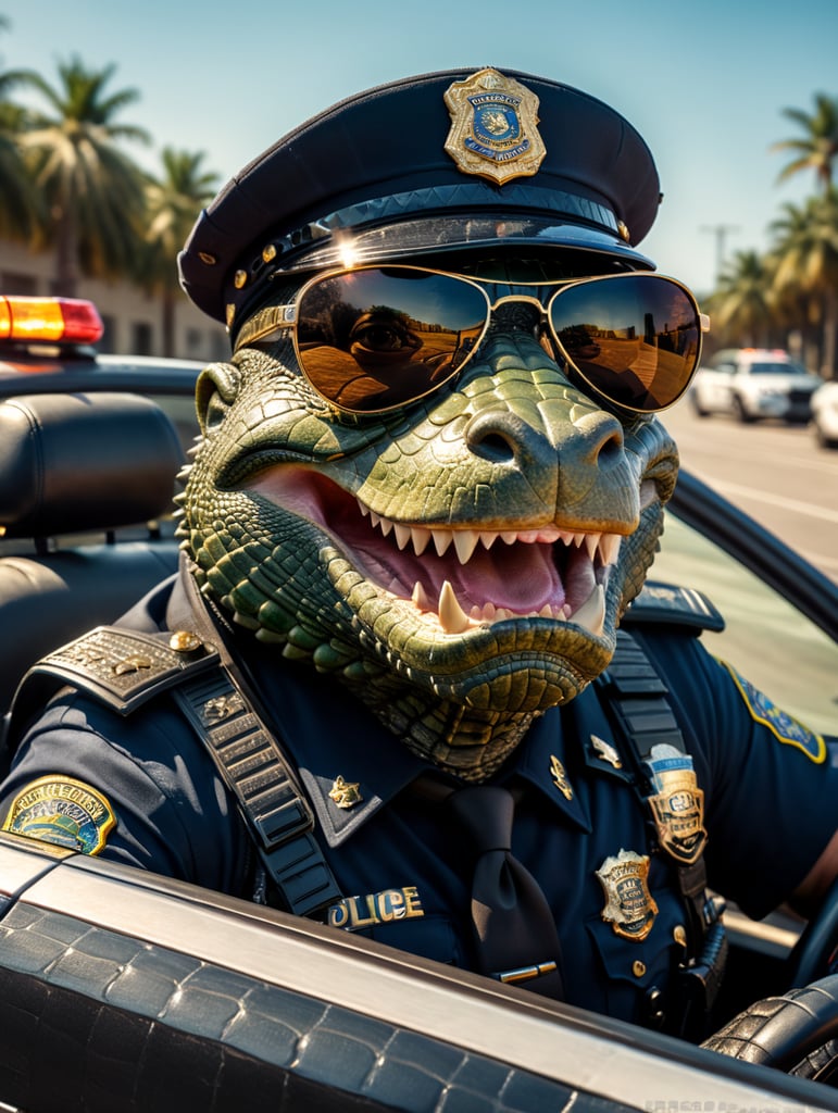 Alligator police officer, sitting behind the wheel of a police car, close-up shot, sunglasses, clipart, stock photo