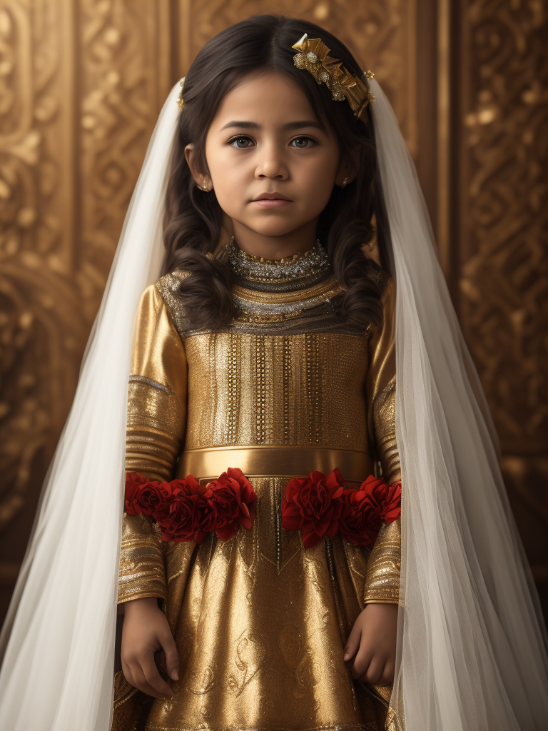(((cute, sad 5-year-old girl))) of Perú dressed in a (((typical wedding dress of Perú, with gold and red geometric patterns))), (photorealistic: 1.4, lifelike), highly detailed CG unified 8K backgrounds, 1 child, looking at viewer, (HQ skin:1.4), 8k uhd, dslr, soft lighting, high quality, film grain, fujifilm XT3, ((simple neutral background)).