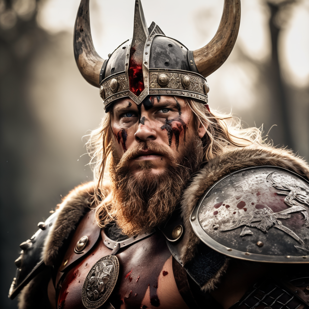 hyper realistic Blood stained viking warrior king with a crown and battle axes