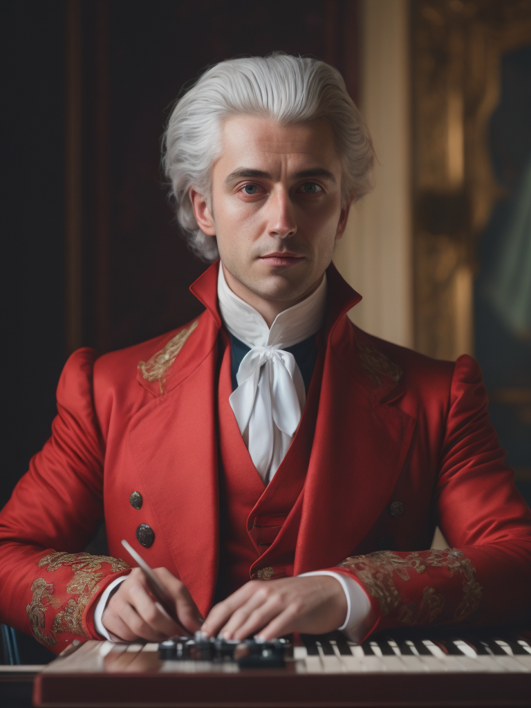 Wolfgang Amadeus Mozart in a 18th century red suit making music on a DJ table, Against the background of the interior of the palace full of guests, studio photo, professional photo, Bright and rich colors, Detailed image, detailed face,