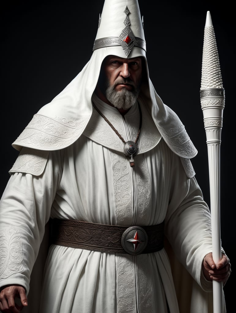 klan kkk man in blank white robe and long white cone shaped hat, medieval, fantasy