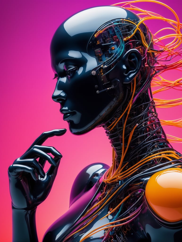 iseneld + abstract biomechanic humanoid dynamic pose portrait made of matte transparent rubber, smooth carbon fibre skin, circuits and sinuous wires, liquid shapes + vibrant color palette, biomorphic, minimalism, surrealism, dither + art station, perfect hands