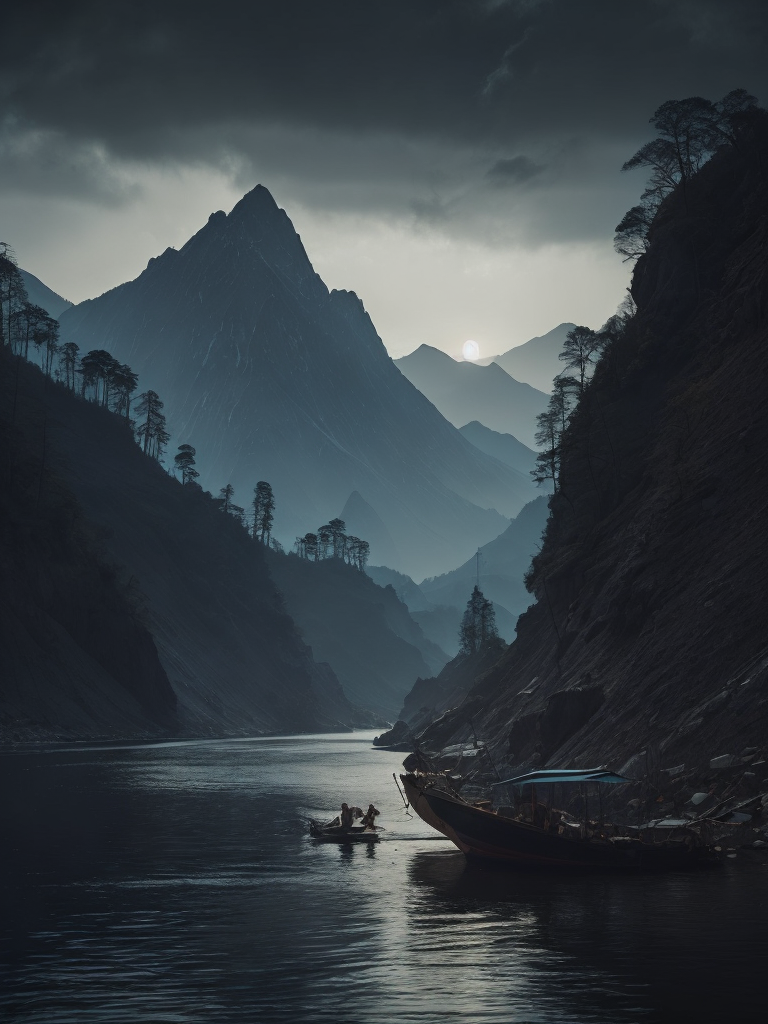 A beautiful river on the moon at dusk. the river is flowing across the moon mountain and a boatman is rowing a boat on the river. the earth is visible in the sky. hyper realistic, real, detailed, exact descriptions.