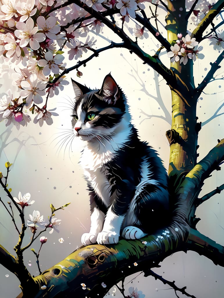 Close view of Apple tree covered in white blossom in springtime with early morning sun and dew. Black and white kitten sitting in the branches surrounded by the blossom.
