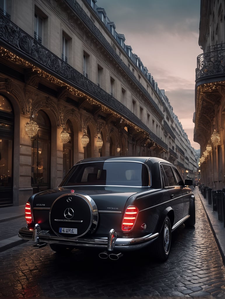high quality cinematic Mercedes-Benz Maybach decorated with diamond stones in the city of Paris