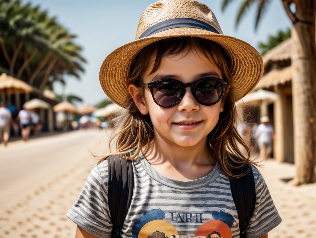 photo happy little girl going to travel, cute girl, Striped T-shirt, straw hat, sunglasses, harpers bizarre, cover, headshot, hyper realistic