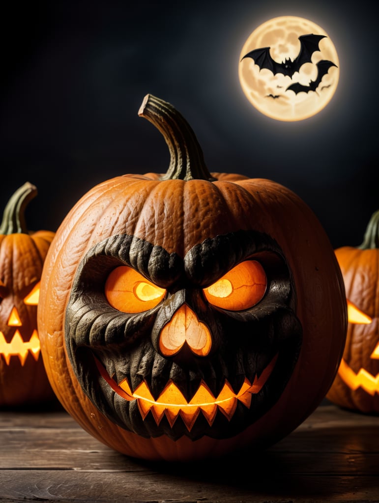Halloween pumpkin photorealistic illustration, scary, dark